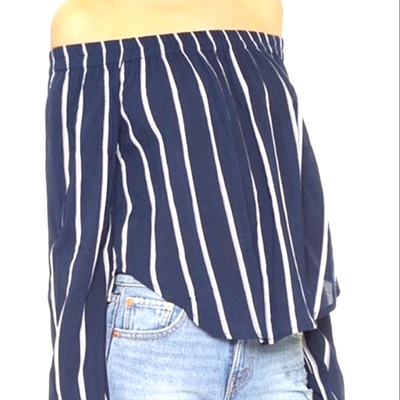 Navy Blue Striped Off-Shoulder Flare Midi Blouse Ruffle Cuffs Mint Condition - Picture 1 of 14